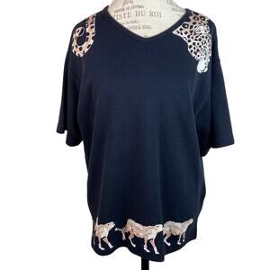 Vintage 1990s Keneth Too! Black Ribbed Chetah Graphic Print Short Sleeve Large